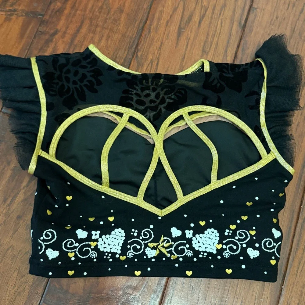 Rebel Athletic Girls YL Black Gold Heart Strappy‎ Back Cheer Crop Top Athleisure